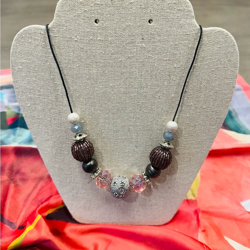 Beaded Statement Necklace in Brown and Pink